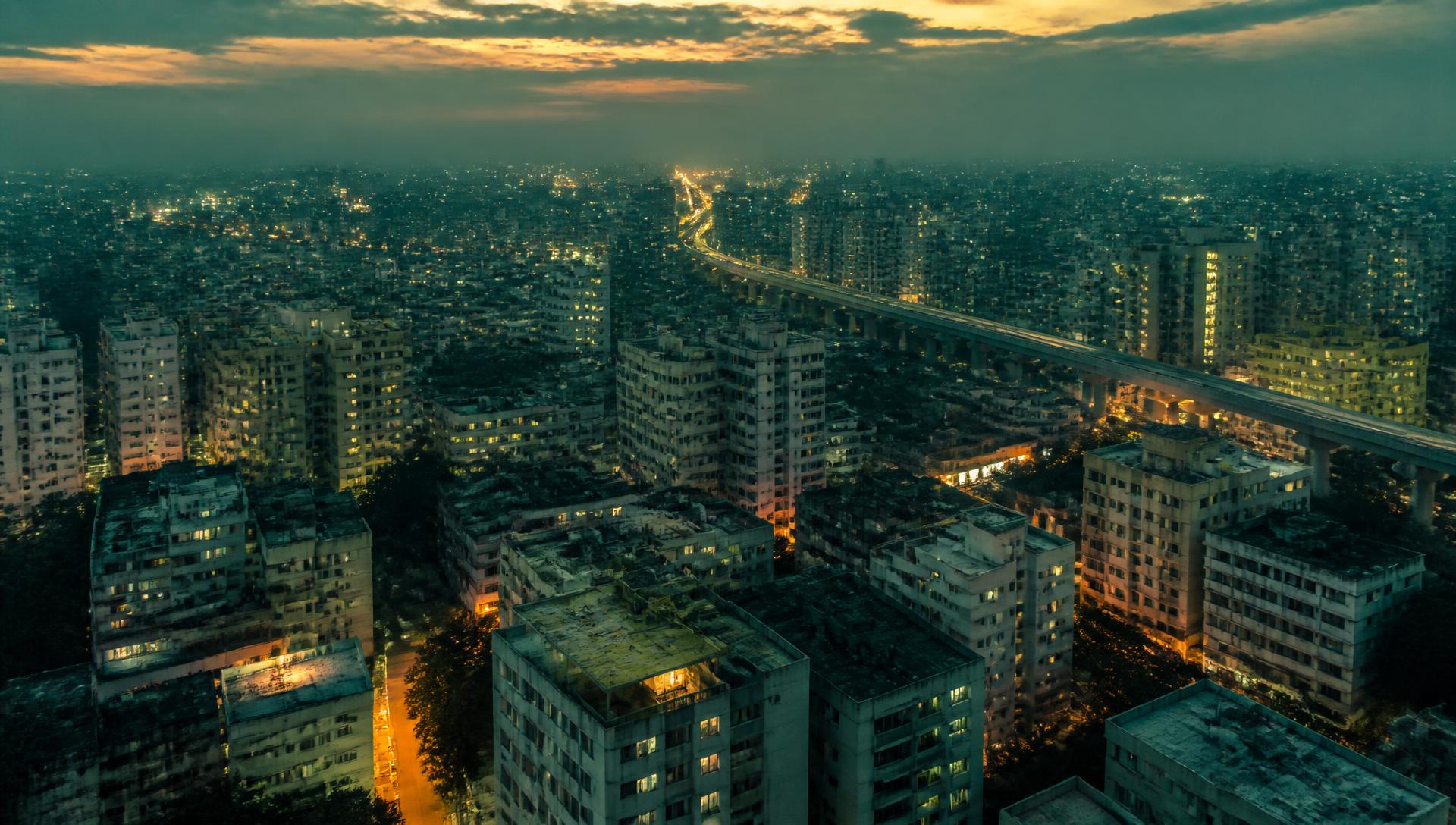 Aerial view of Dhaka at dusk with dense residential blocks